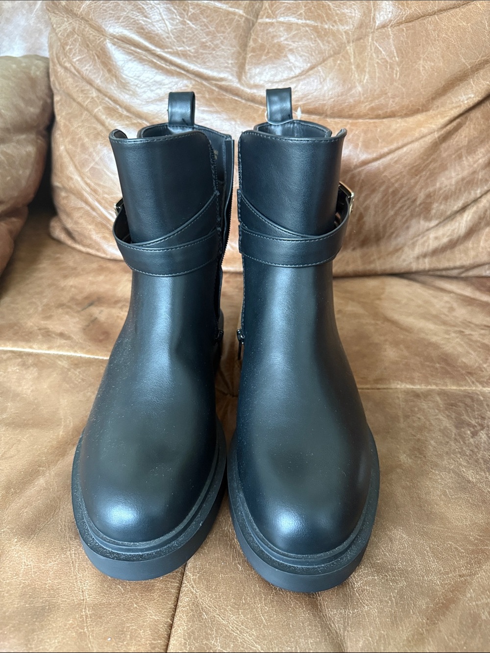 Primark Black Smooth Leather Ankle Booties with Wrap Strap